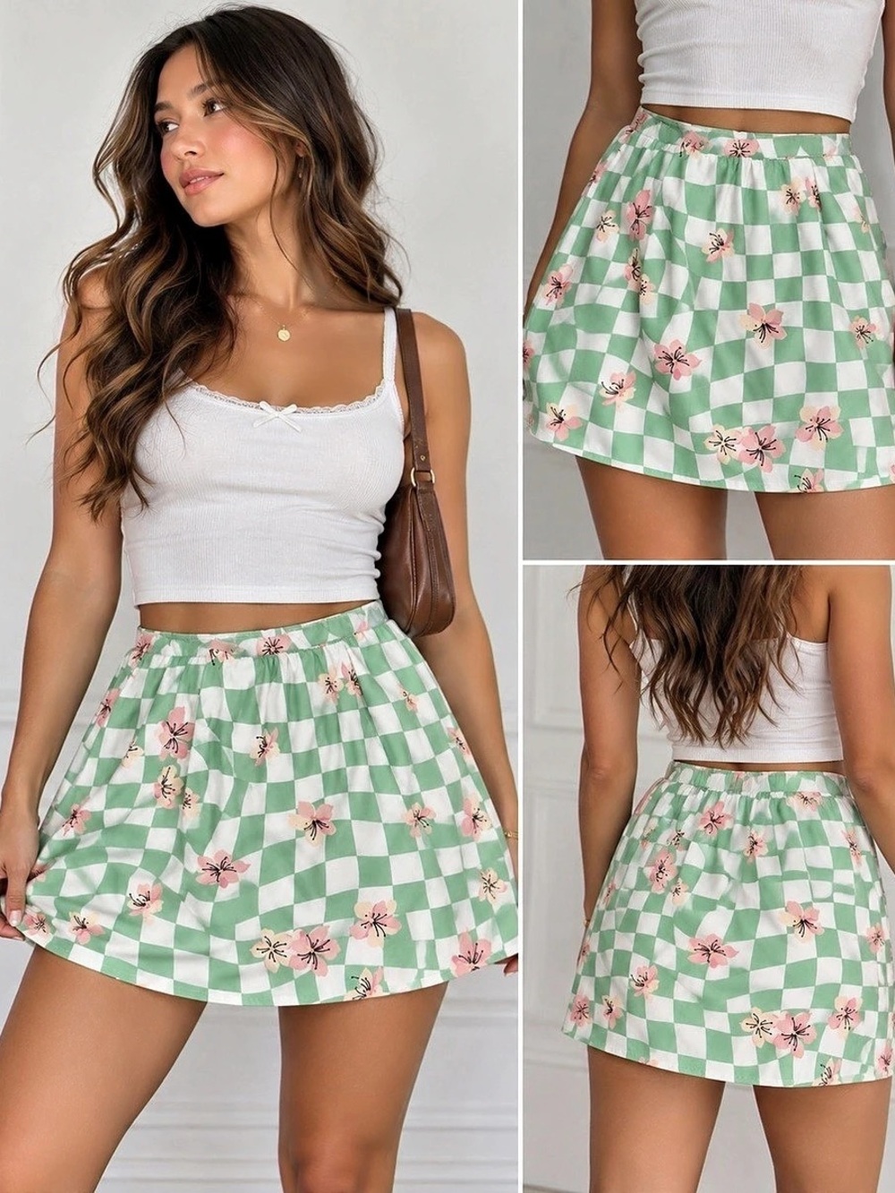 Hollister Ultra High-Rise Floral Checkerboard A-Line Mini Skirt – Size Small